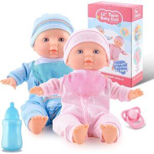 🆕 Twin Baby Dolls Pink Romper Hat Bottle Pacifier Soft Durable Hug Accessories